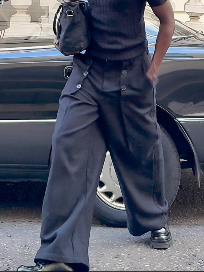 Men’s High Waist Double Button Wide Leg Pants Bottoms | Black | Elegant | Chic