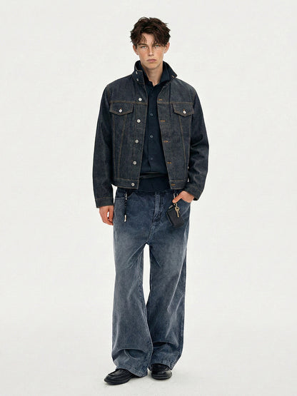 Men’s Stand Collar Denim Jacket Outerwear | Dark Indigo | Casual | Streetwear