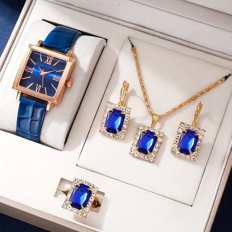 Women’s Square Dial Quartz Watch Set | Gem Jewelry | Elegant | Gift