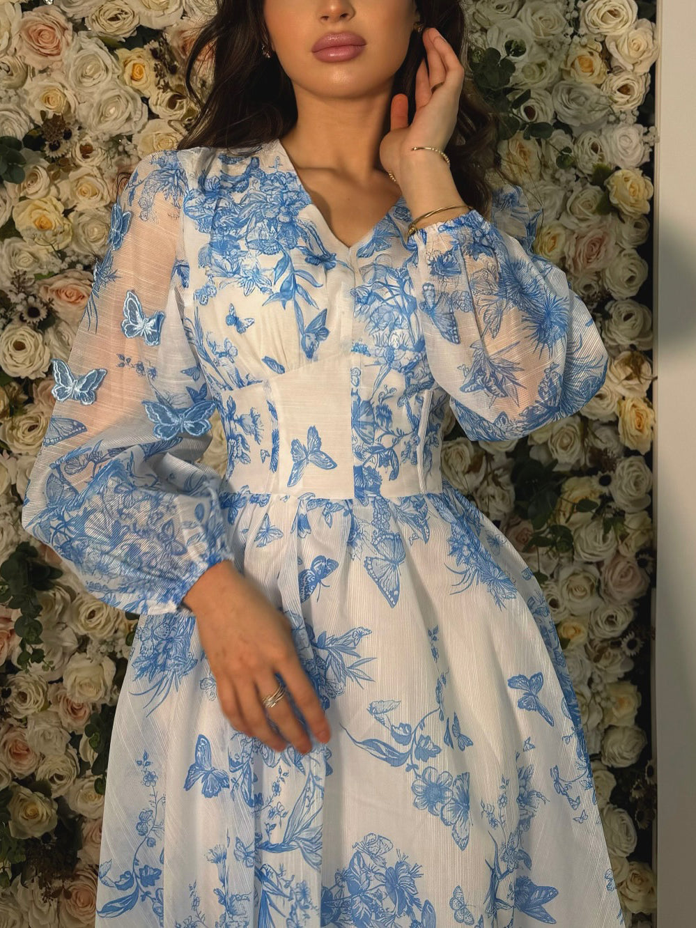 Women’s Butterfly Print V Neck Maxi Dress | Long Sleeve | Casual | Chic
