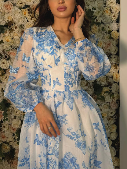 Women’s Butterfly Print V Neck Maxi Dress | Long Sleeve | Casual | Chic