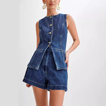 Women’s Denim Top And Shorts Bottoms Jeans-Denim Set | Sleeveless | Casual | Summer