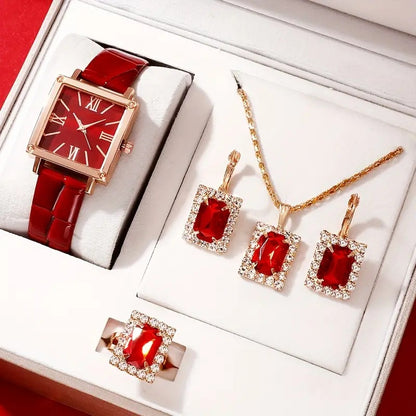 Women’s Square Dial Quartz Watch Set | Gem Jewelry | Elegant | Gift