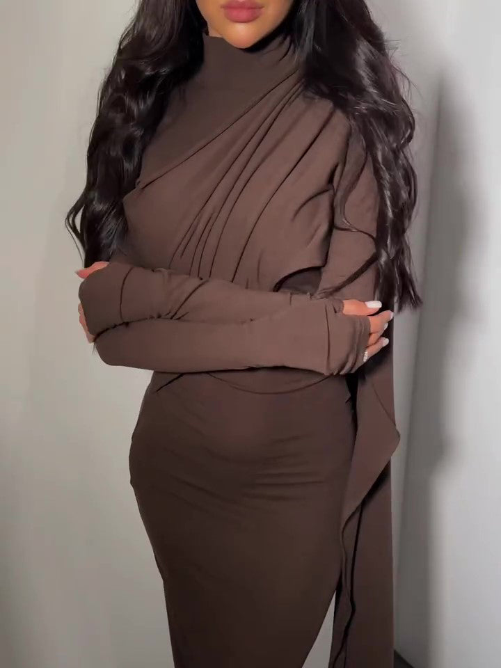 Women’s Turtleneck Long Sleeve Slim Dress | Brown | Elegant | Casual