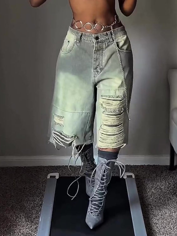 Women’s Distressed Cropped Denim Pants Bottoms | Loose Fit | Chic Bermudas | Casual