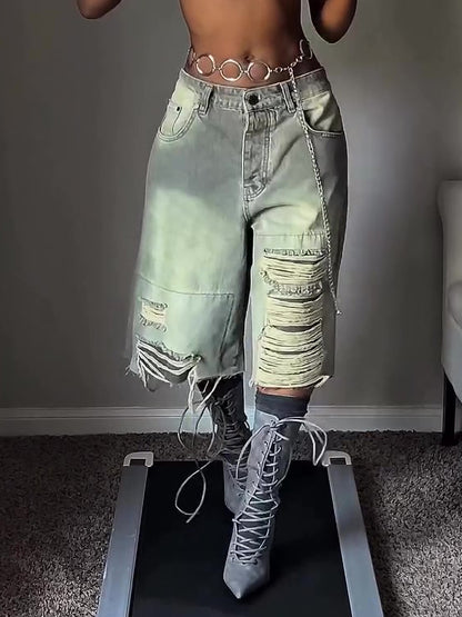 Women’s Distressed Cropped Denim Pants Bottoms | Loose Fit | Chic Bermudas | Casual