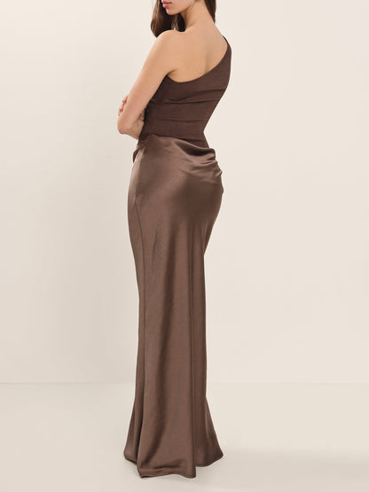 Women’s One Shoulder Satin Maxi Dress | Brown | Elegant | Party