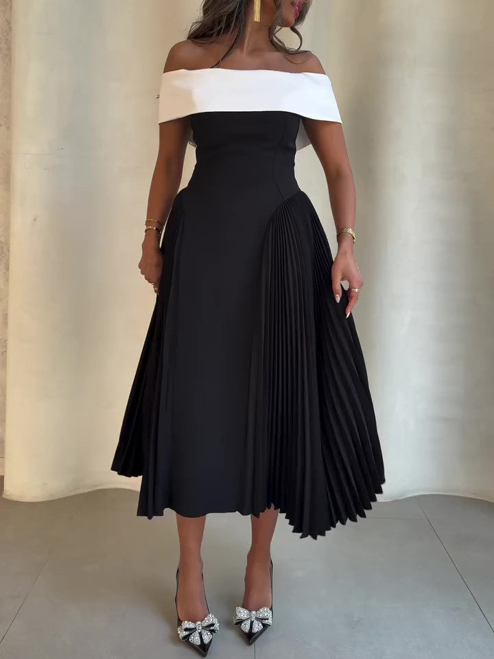 Women’s Off Shoulder Pleated Maxi Dress | Contrast | Elegant | Chic