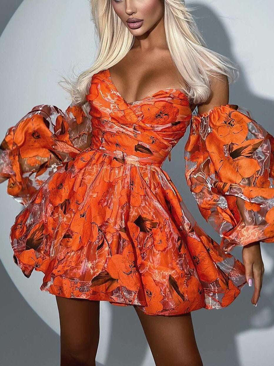 Women’s Floral Off Shoulder Mini Dress | Lantern Sleeve | Elegant | Chic