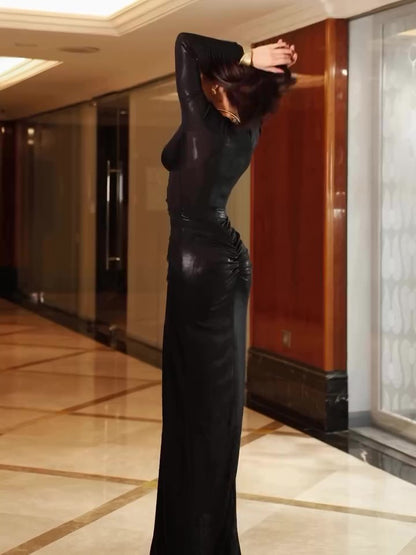 Women’s Deep V Long Sleeve Pleated Maxi Dress | Elegant | Party | Evening