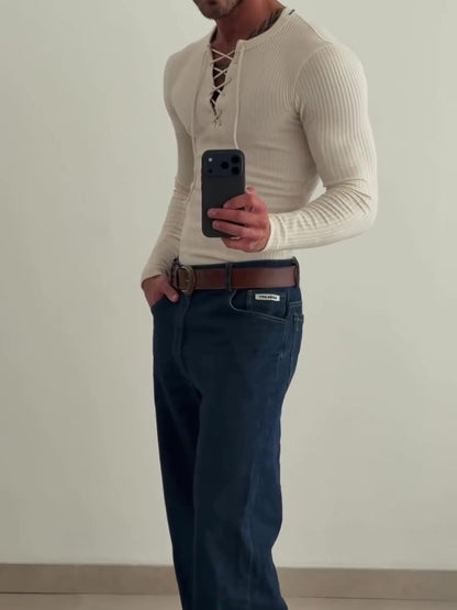 Men’s Ribbed Knit Lace Up V Neck Top | Beige | Long Sleeve | Casual