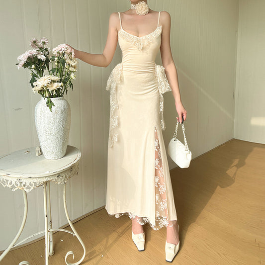 Women’s Strap Lace Slit Maxi Dress | Elegant | Patchwork | Party