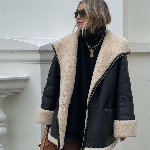 Women’s Leather Coat Outerwear | Fur Collar | Cashmere | Elegant