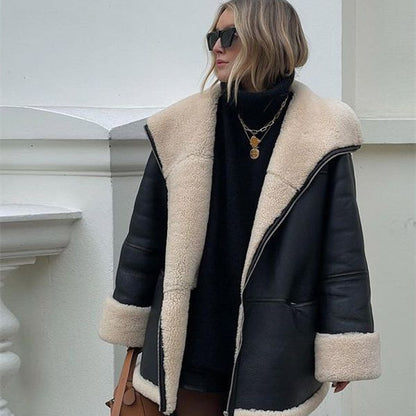 Women’s Leather Coat Outerwear | Fur Collar | Cashmere | Elegant