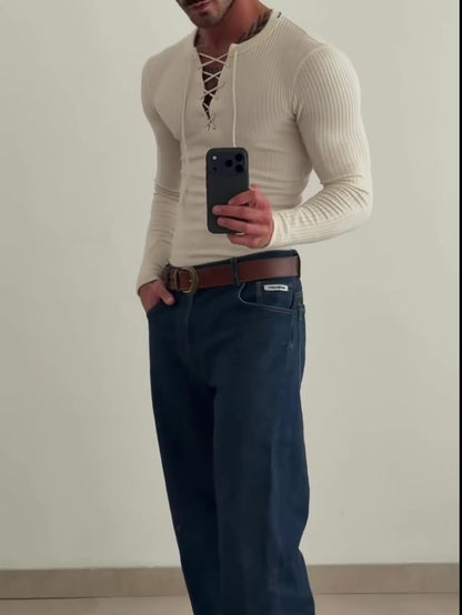 Men’s Ribbed Knit Lace Up V Neck Top | Beige | Long Sleeve | Casual