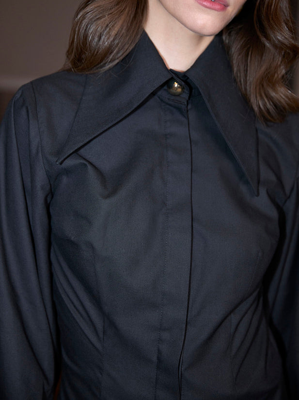 Women’s Oversized Collar Balloon Sleeve Shirt Top | Black | Chic | Casual