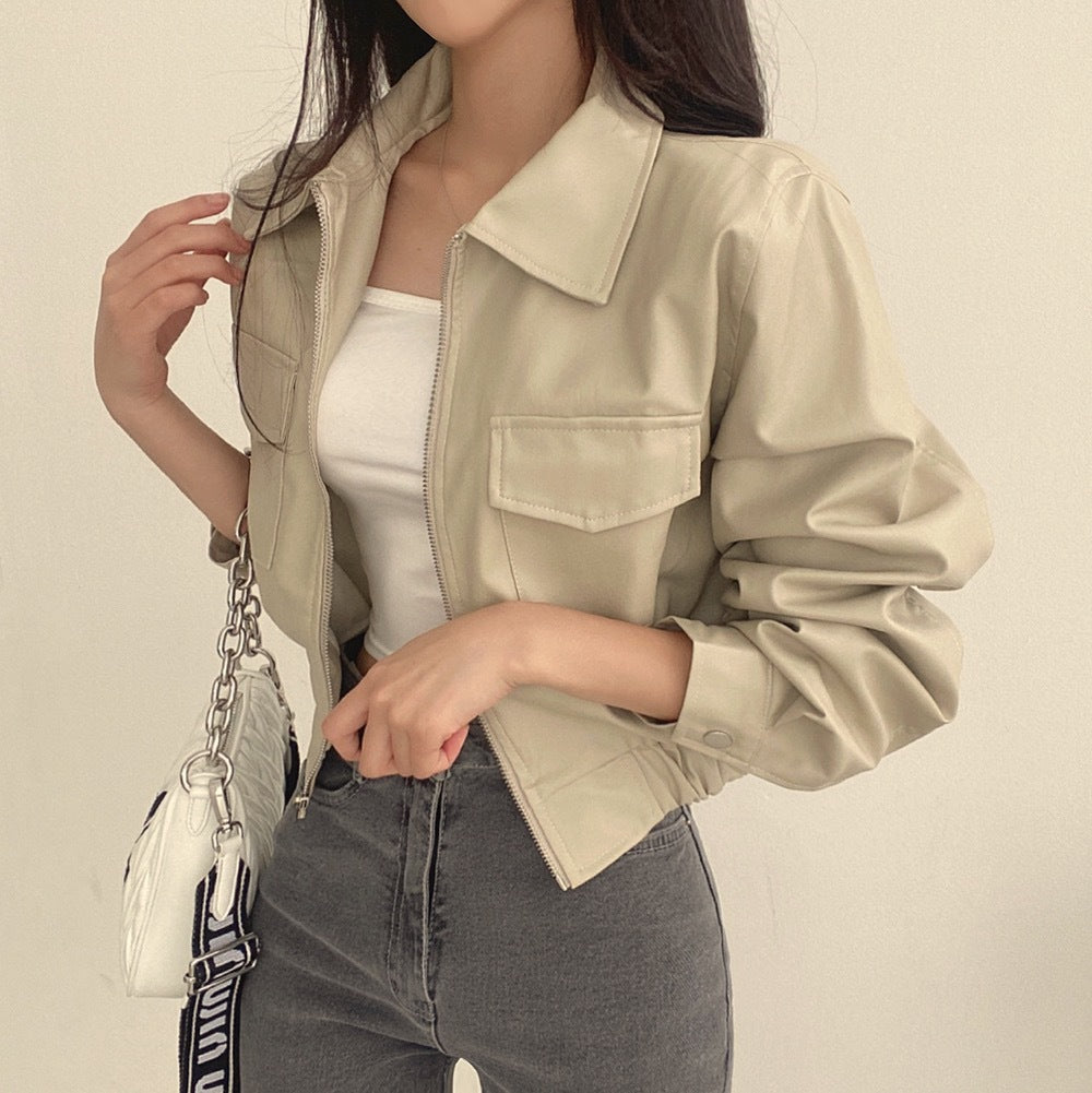 Women’s Lapel Leather Coat Outerwear | Double Pocket | Casual | Chic