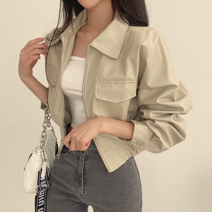 Women’s Lapel Leather Coat Outerwear | Double Pocket | Casual | Chic