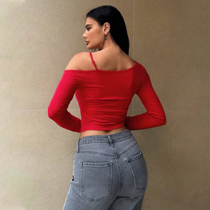 Women’s Slanted Collar Crop Top | Long Sleeve | Red | Chic