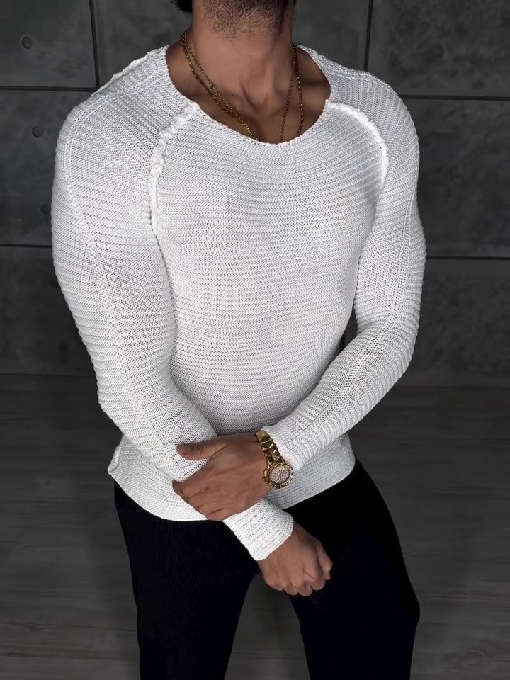 Men’s Knit Long Sleeve Top | Slim Fit | White | Casual
