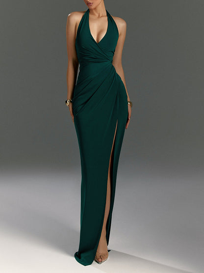 Women’s Halter Neck Open Back Slit Dress | Dark Green | Elegant | Party
