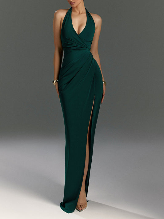 Women’s Halter Neck Open Back Slit Dress | Dark Green | Elegant | Party