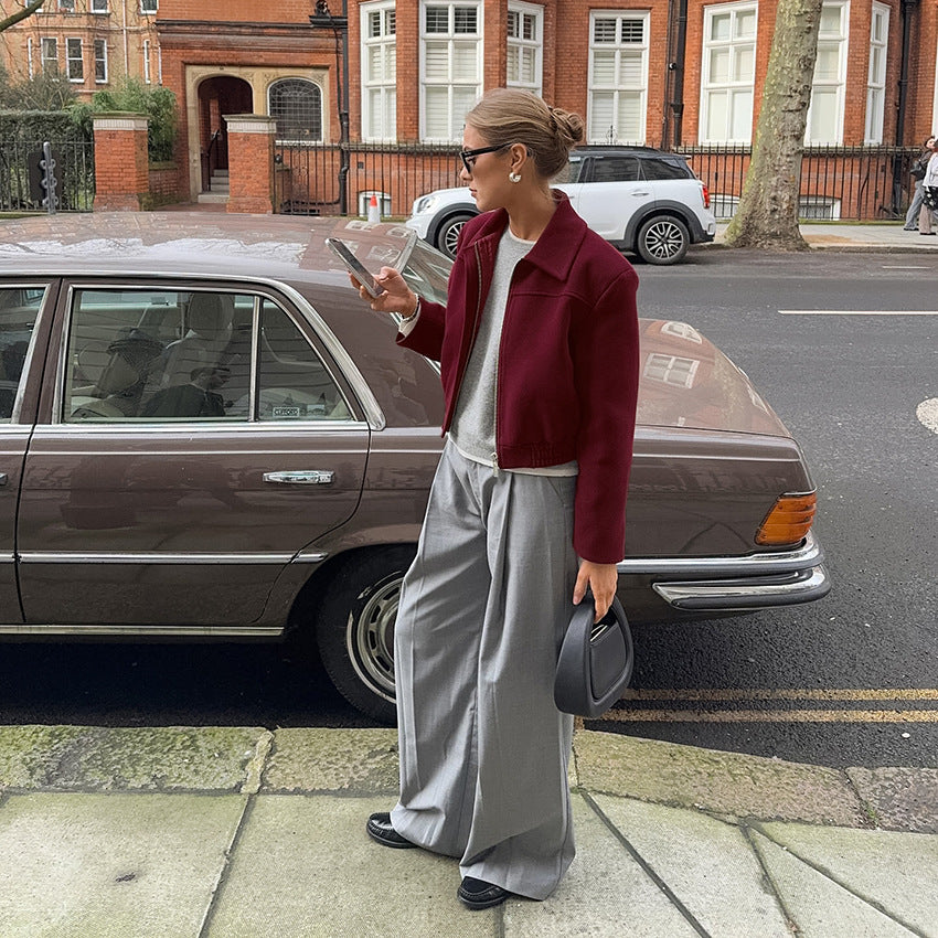Women’s Wool Lapel Jacket Outerwear | Burgundy | Retro | Casual