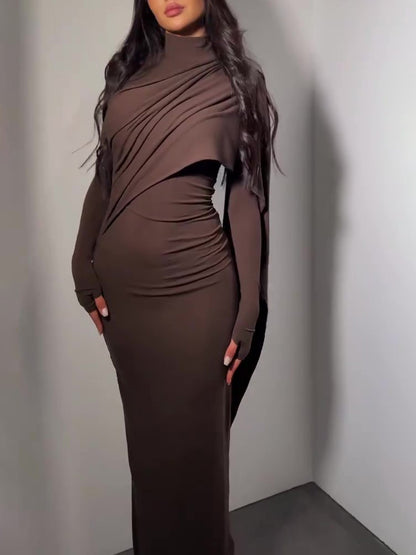 Women’s Turtleneck Long Sleeve Slim Dress | Brown | Elegant | Casual