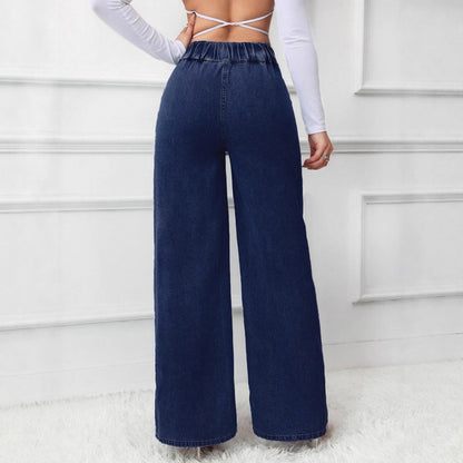 Women’s High Waist Wide Leg Jeans Bottoms | Retro | Deep Blue | Casual