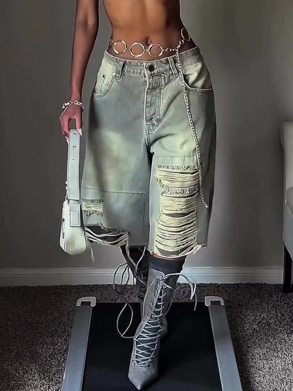 Women’s Distressed Cropped Denim Pants Bottoms | Loose Fit | Chic Bermudas | Casual