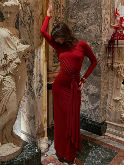 Women’s Backless Chain Long Sleeve Maxi Dress | Burgundy Red | Elegant | Party