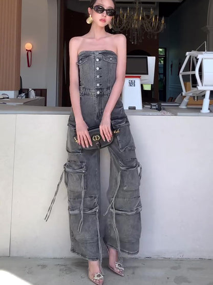 Women’s Denim Tube Jumpsuit | Strapless | Single Breasted | Chic