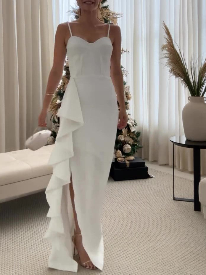 Women’s Ruffled Slit Suspender Maxi Dress | White | Elegant | Summer