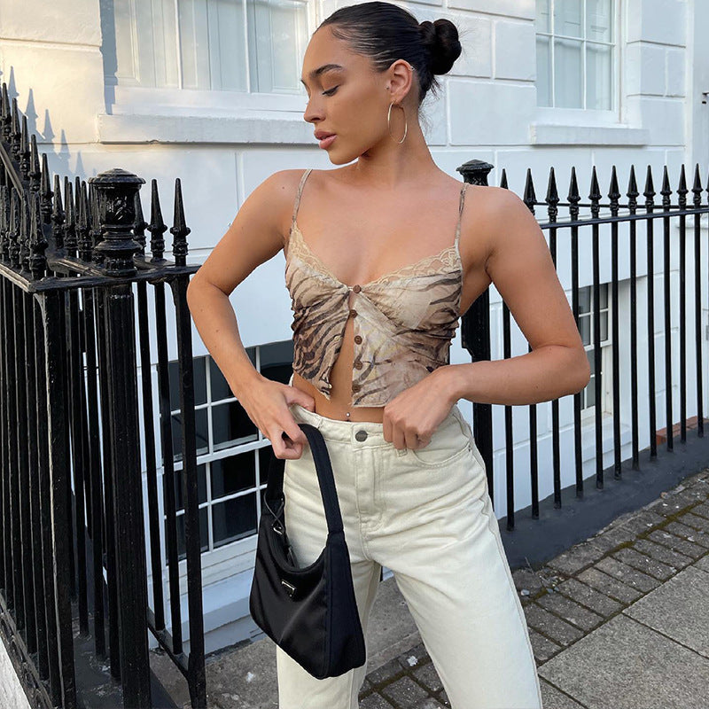 Women’s Mesh Print Lace Crop Top | V Neck | Spaghetti Strap | Chic