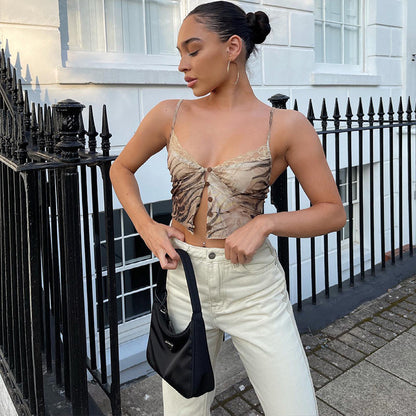 Women’s Mesh Print Lace Crop Top | V Neck | Spaghetti Strap | Chic