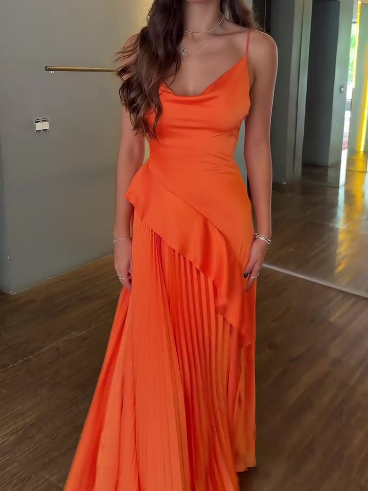 Women’s Pleated Ruffled Backless Maxi Dress | Orange | Elegant | Party