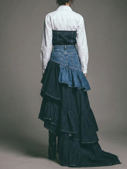 Women’s Two Tone Denim Ruffle Skirt Bottoms | High Waist | Asymmetric | Chic