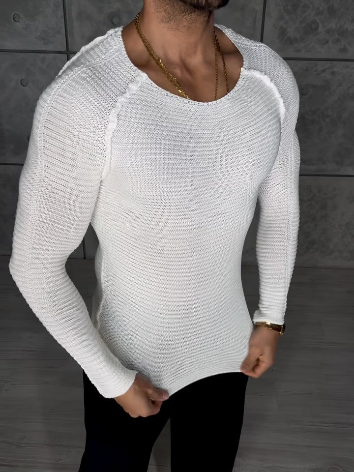 Men’s Knit Long Sleeve Top | Slim Fit | White | Casual