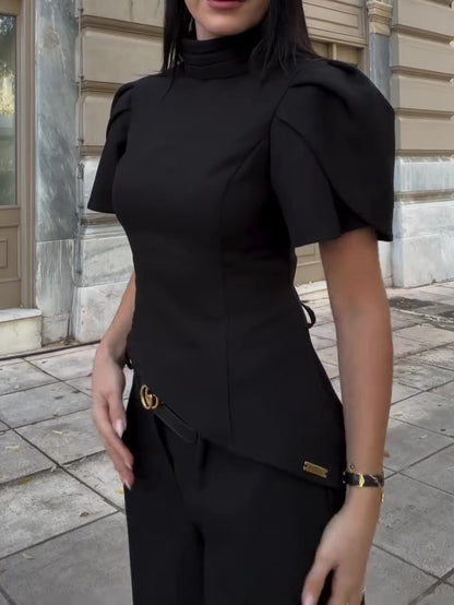 Women’s Turtleneck Puff Sleeve Top And Wide Leg Pants Bottoms Set | Black | Elegant | Chic