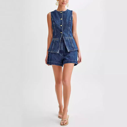 Women’s Denim Top And Shorts Bottoms Jeans-Denim Set | Sleeveless | Casual | Summer