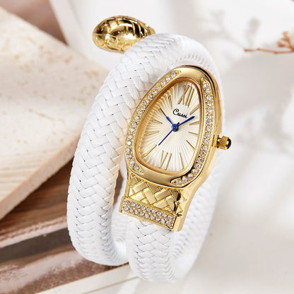 Women’s Snake Style Quartz Watch | Diamond Look | Leather Strap | Fashion