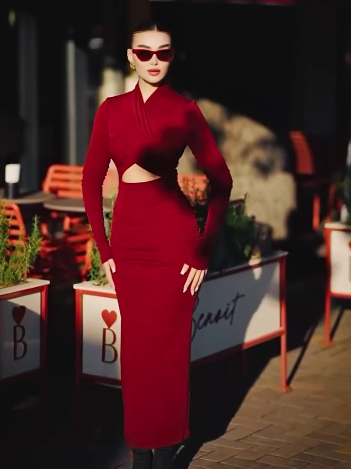 Women’s Cutout Long Sleeve Slim Fit Maxi Dress | Burgundy Red | Elegant | Party
